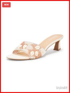 Womens Beaded Slide Sandal Mid Heel Cushioned Slip On
